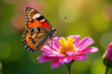 Obraz premium Vibrant orange butterfly on pink flower in sunlit garden closeup