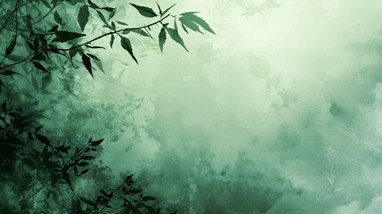 Green Bamboo Leaves in Misty Fog Abstract Nature Background
