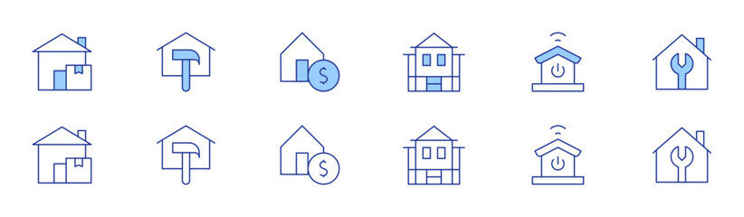 Home icon set in two styles, Duotone and Thin Line style. Editable stroke. house, smart home, home delivery, repair, home repair