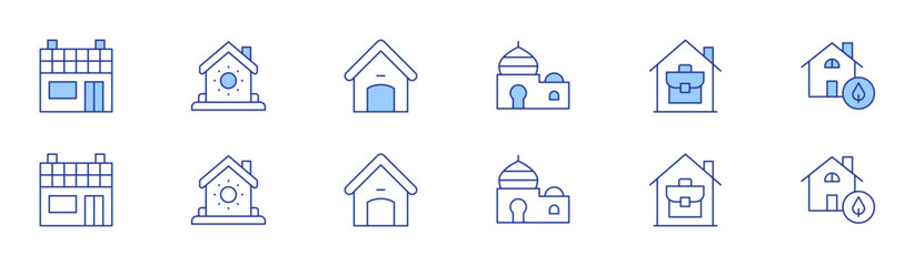 Home icon set in two styles, Duotone and Thin Line style. Editable stroke. house, solar house, home, green house, dog house