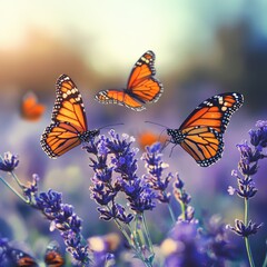 Obraz premium Colorful butterflies on blooming lavender flowers.