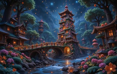 Fototapeta premium A fantasy world made of different sweets - candy trees, chocolate rivers, and a cookie block tower in the distance. Fireflies are lighting up the night sky.