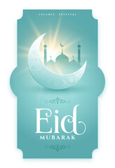 eid mubarak festive card with mosque and moon