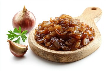 Caramelized onion delicious food savory condiment on rustic wood spoon with garlic clove isolated