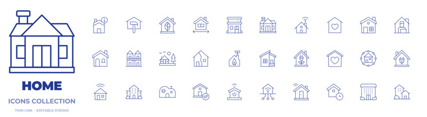 Home icons collection. Thin Line icons, editable stroke. home, house, smart home, retirement home, wooden house, modern house, eco house, nursing home