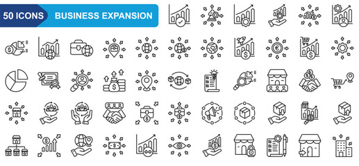 Business expansion collection icon set. Profit, Expansion, Growth, Development, Market share, Global,  pie chart. Simple line vector.
