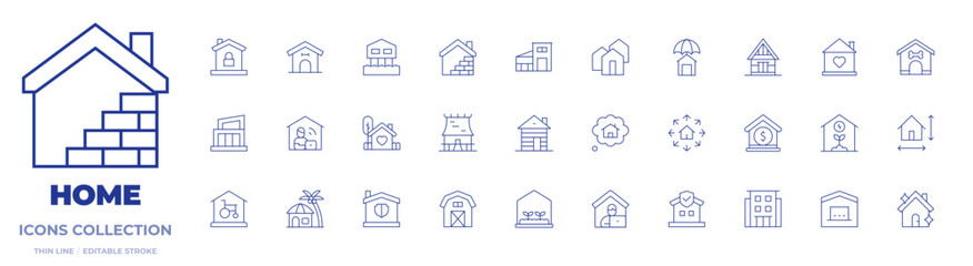 Home icons collection. Thin Line icons, editable stroke. size, dog house, house, home, stilt house, house insurance, home insurance, elderly home, rong