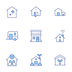 Home icons set. Line Duotone style, editable stroke. eco house, house, smart home, open house, eco home, neighborhood, caravan, clean, family