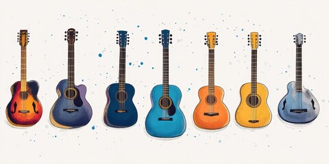 Fototapeta premium Seven Colorful Acoustic Guitars Arranged Horizontally Against A White Background