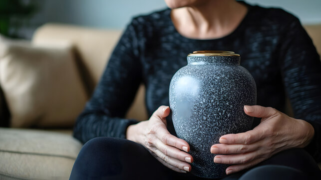 Widow sitting on a couch at home while holding a cremation urn containing her deceased husband's ashes. Women outliving men concept.