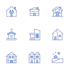 Home icons set. Line Duotone style, editable stroke. house, smart home, wood house, home, terraced house, home repair, property