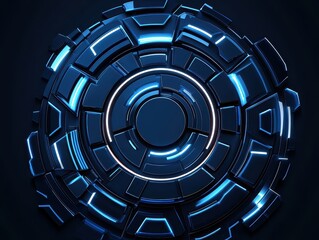Abstract futuristic circular design with glowing blue lines on dark background