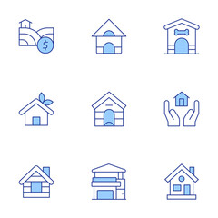 Home icons set. Line Duotone style, editable stroke. pet house, modern house, green house, land, cabin, house, dog house