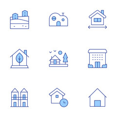 Home icons set. Line Duotone style, editable stroke. retirement home, wooden house, modern house, eco house, townhouse, village, measured, working