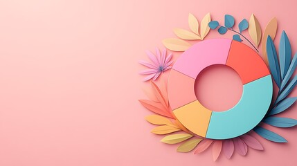 Pastel 3D Render of a Circular Chart Adorned with Paper Flowers and Leaves on Pink Background AI Generated