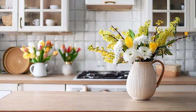 "Spring Flower Bouquet in a Vase on a Scandinavian-Style Kitchen Table"