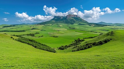 Obraz premium Expansive Green Landscape with Rolling Hills and Majestic Mountain Under a Clear Blue Sky and Fluffy Clouds in Daytime