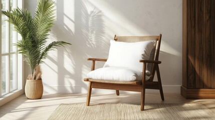 Wooden Armchair with White Cushion in Sunlit Room