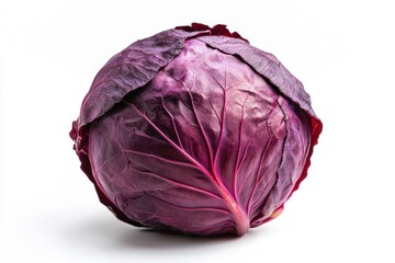 Fototapeta premium Studio shot of a vibrant red cabbage on white background showcasing its intricate leaf veins and texture