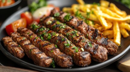 A symphony of savory aromas, a platter of perfectly grilled kebab lamelle, boasting a realistic texture that invites you to savor each bite. Alongside, crispy, golden frites add a delightful crunch,