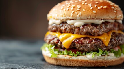 Delicious large burger on a patriotic American flag background with clean lines and vibrant colors