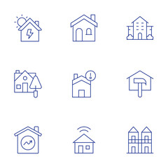 Home icons set. Thin Line style, editable stroke. home, house, nursing home, repair, townhouse, solar energy, trowel, market