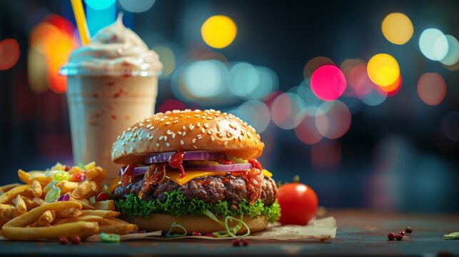 Delicious large juicy burger with golden fries and creamy milkshake in widescreen format