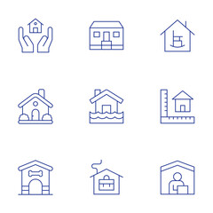 Home icons set. Thin Line style, editable stroke. house, flooded house, working at home, retirement home, size, work from home, home, dog house