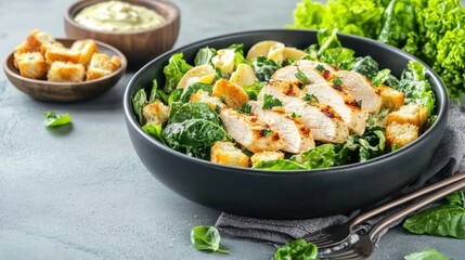 Delectable caesar salad with grilled chicken croutons and creamy dressing served in elegant bowl appetizing culinary