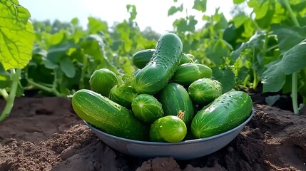 Obraz premium Freshly Harvested Cucumbers in a Field on a Sunny Day AI Generated