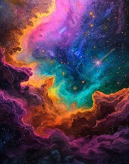 The dark night sky features a colorful nebula with stars that shine very brightly