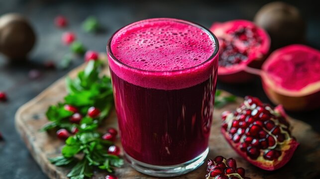 A glass, a vibrant canvas of crimson and ruby, cradles a vibrant concoction of freshly squeezed juice: a verdant elixir infused with the earth is rich beet and pomegranate, a symphony of flavors and