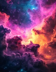 Watercolor illustration of a cosmic environment filled with nebulae and stars