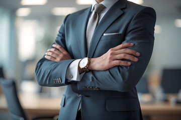 A businessman stands with his arms crossed, looking professional.