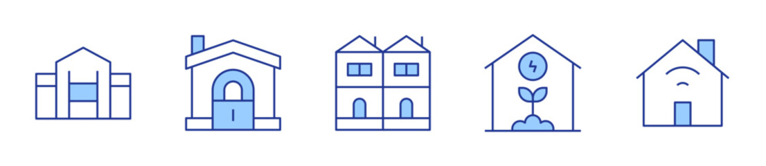 house, home insurance, eco home, home automation, terraced house. Home Icon vector illustration. Line Duotone style. Editable stroke