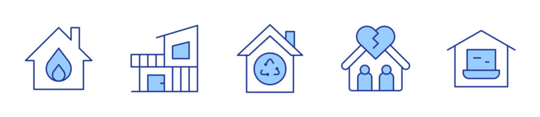 modern house, working at home, eco house, broken, temperature. Home Icon vector illustration. Line Duotone style. Editable stroke