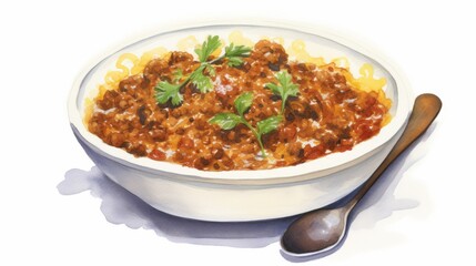 Delicious South African bobotie spiced minced meat dish on white background watercolor illustration