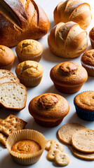 Fototapeta premium An elegant display of sourdough bread muffins and puff pastry freshly baked and presented on a white table food photography wallpaper stock photo for menu
