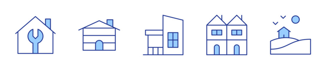 wood house, house, terraced house, home repair. Home Icon vector illustration. Line Duotone style. Editable stroke