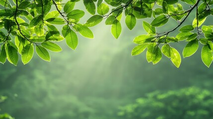 Sunlight Filtering Through Fresh Green Leaves in a Tranquil Forest Setting with Raindrops on the Leaf Surface