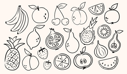 Hand draw line art doodle fruits set.