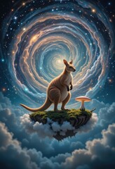 Surreal Kangaroo on a Floating Island amidst a Cosmic Spiral Galaxy