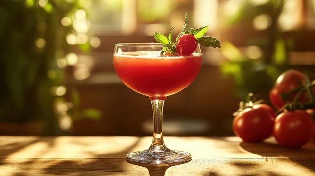 A vibrant glass of tomato juice, its ruby hue reflecting the sunlight, garnished with a plump, juicy tomato, a symphony of flavor and freshness.