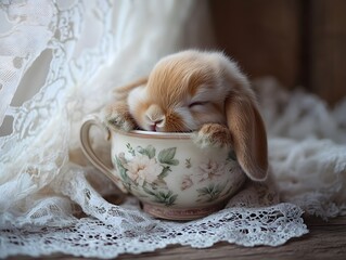 Adorable Fluffy Bunny Nestled Inside a Vintage Teacup