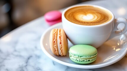 Elegant French Macarons and Cappuccino on Marble Countertop