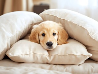 Adorable Golden Pup Nestled in a Soft Pillow Nest