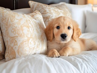 Fluffy Golden Retriever Pup Relaxing in a Cozy Bed