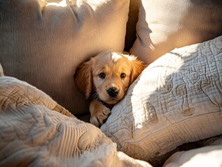Adorable Golden Retriever Puppy Snuggled Between Cozy Pillows
