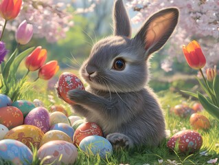 Fluffy Gray Bunny Surrounded by Vibrant Easter Eggs in a Spring Garden
