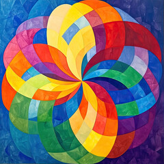 Obraz premium Vibrant, colorful, abstract spiral design. Intricate, geometric pattern of overlapping shapes. Dynamic interplay of hues. Eye-catching visual